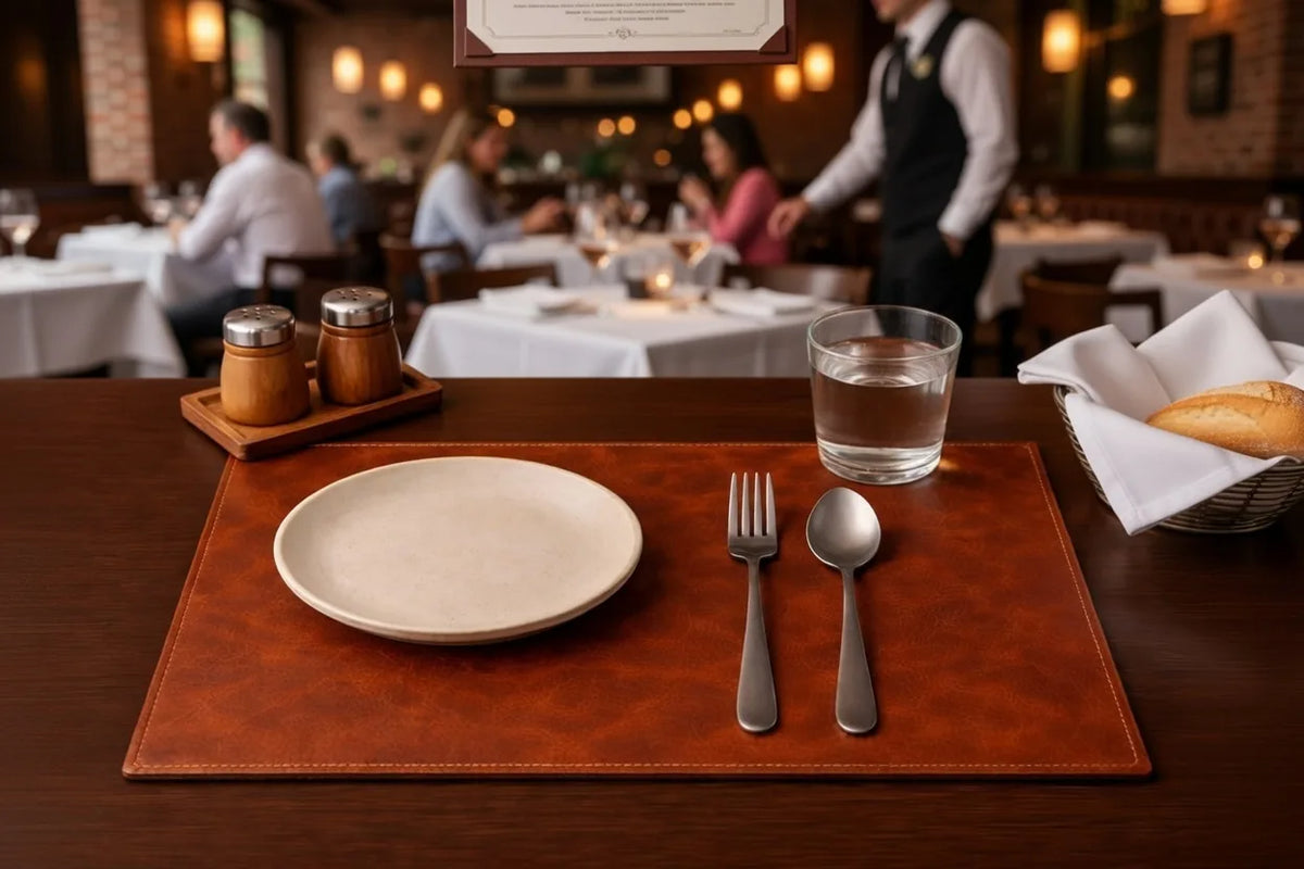 Brown leather placemat with a plate and cutlery beside a restaurant bread basket.