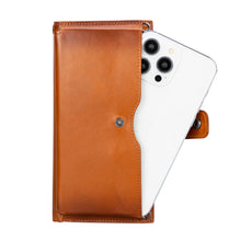 Tan Lozano leather wallet holding a smartphone in the phone compartment