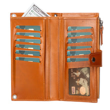 Tan Lozano leather wallet open to show card slots, ID window and banknotes