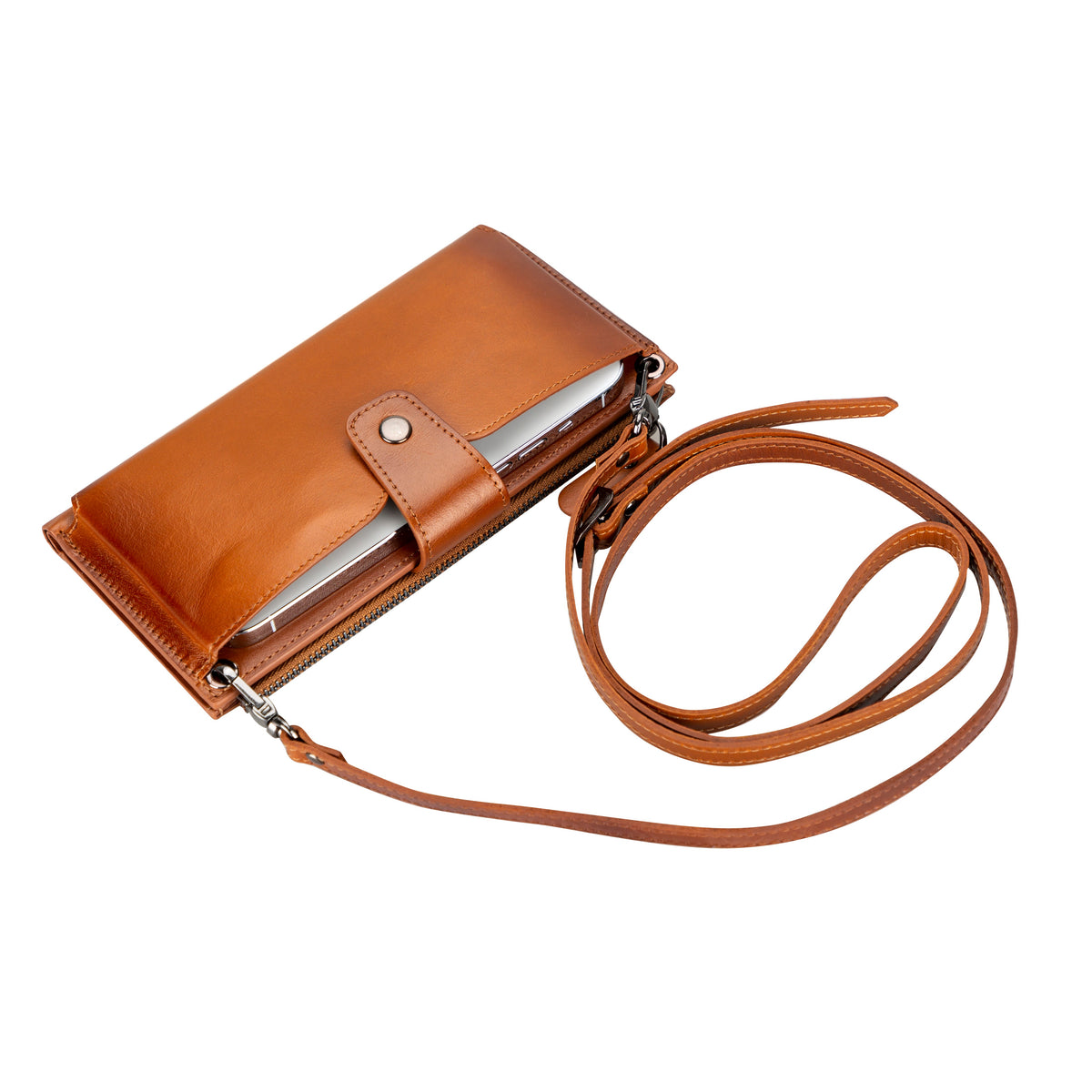 Tan Lozano leather crossbody wallet with adjustable shoulder strap