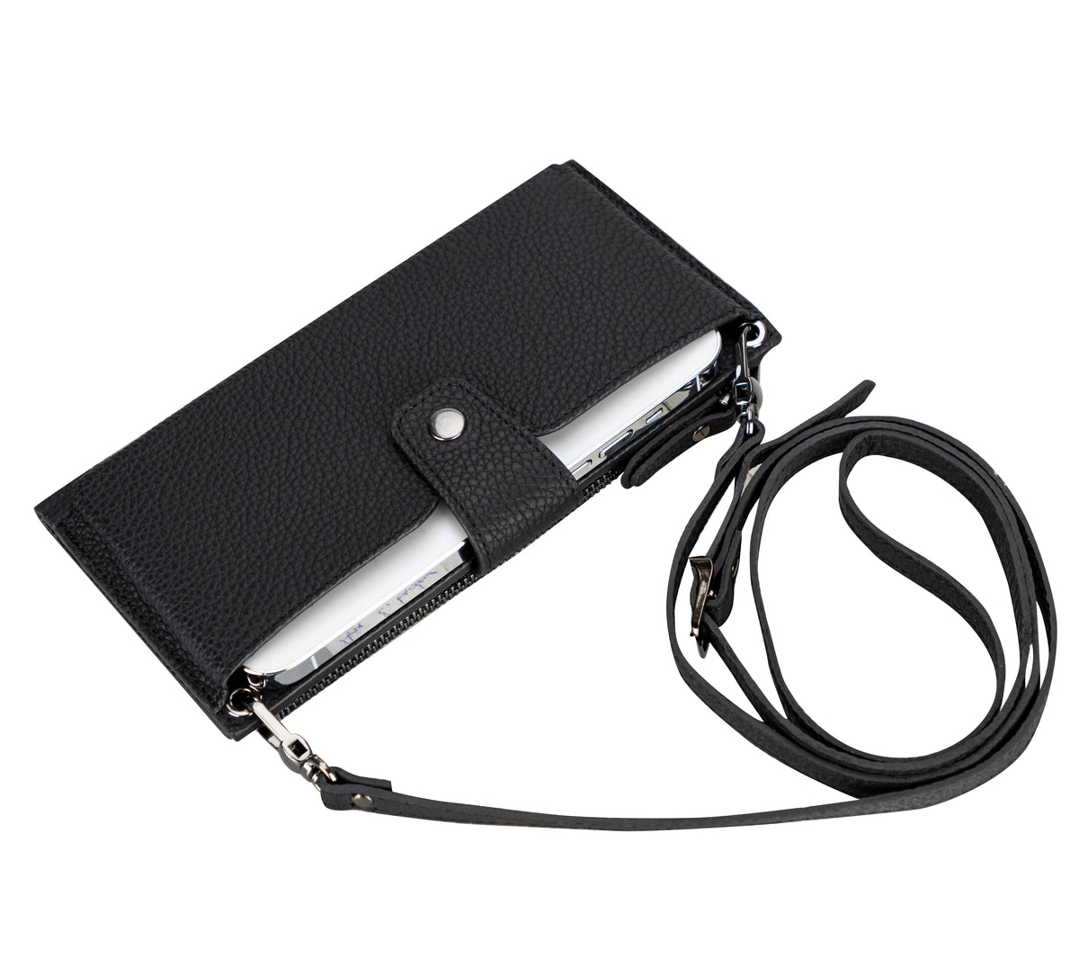 Midnight black Lozano leather crossbody wallet with adjustable shoulder strap