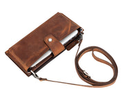 Saddle brown Lozano leather crossbody wallet with adjustable shoulder strap