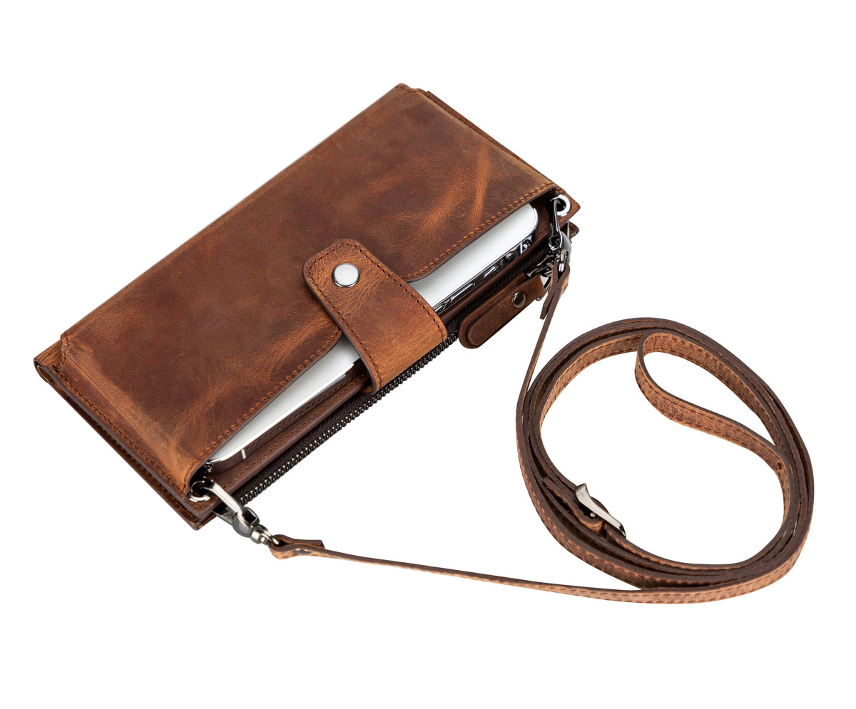 Saddle brown Lozano leather crossbody wallet with adjustable shoulder strap