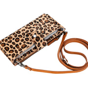 Leopard Lozano leather crossbody wallet with tan adjustable strap