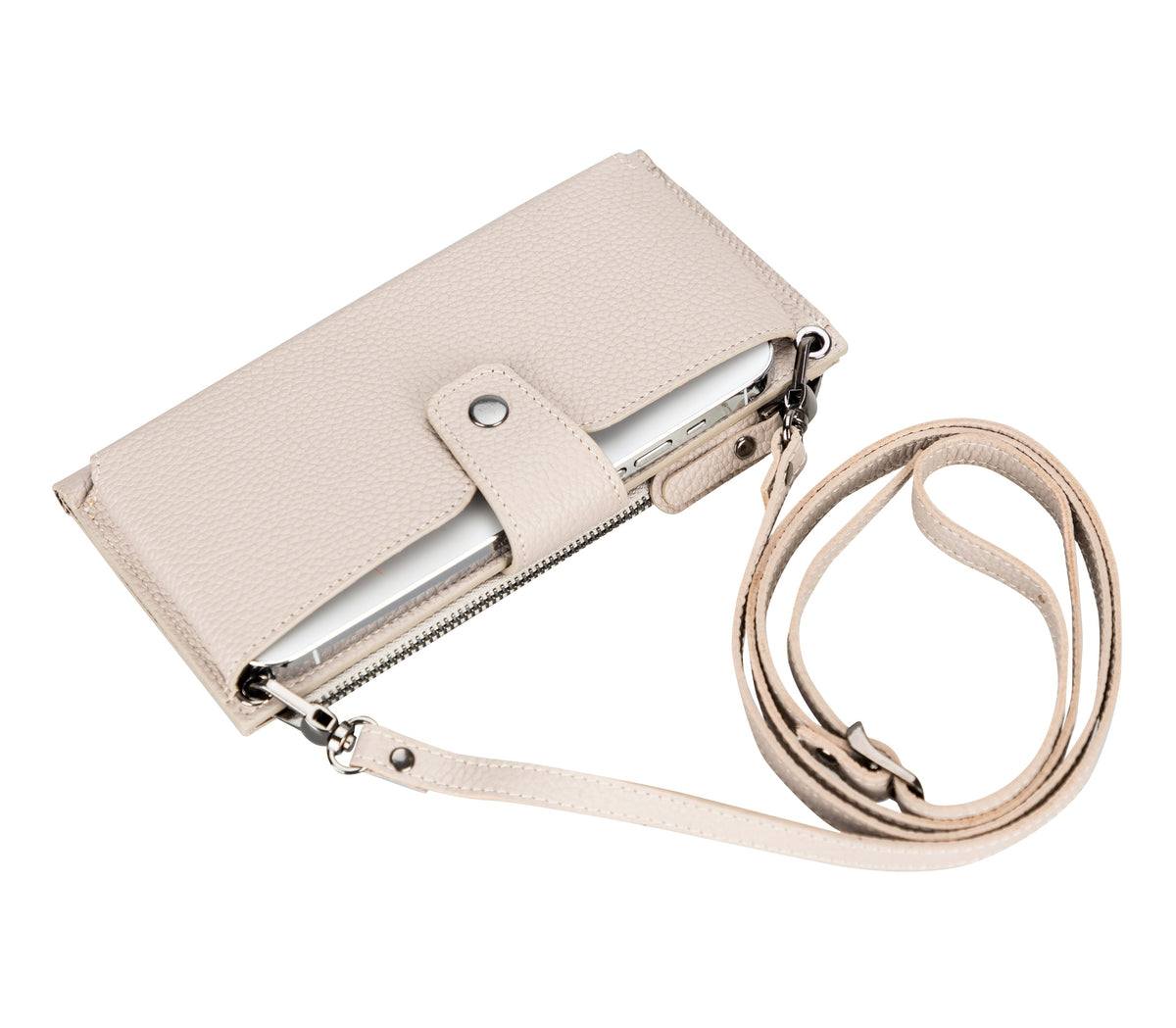 Moccasin Lozano leather crossbody wallet with adjustable shoulder strap
