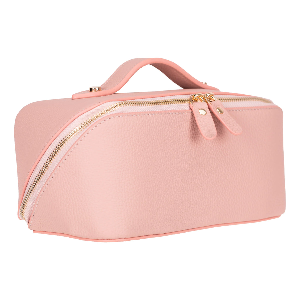 Dusty pink full grain leather makeup bag in three-quarter view