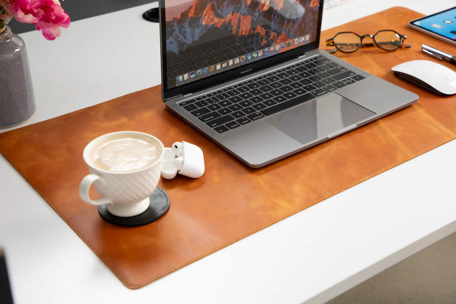Custom-size full-grain leather desk mat by Lupinny Leather