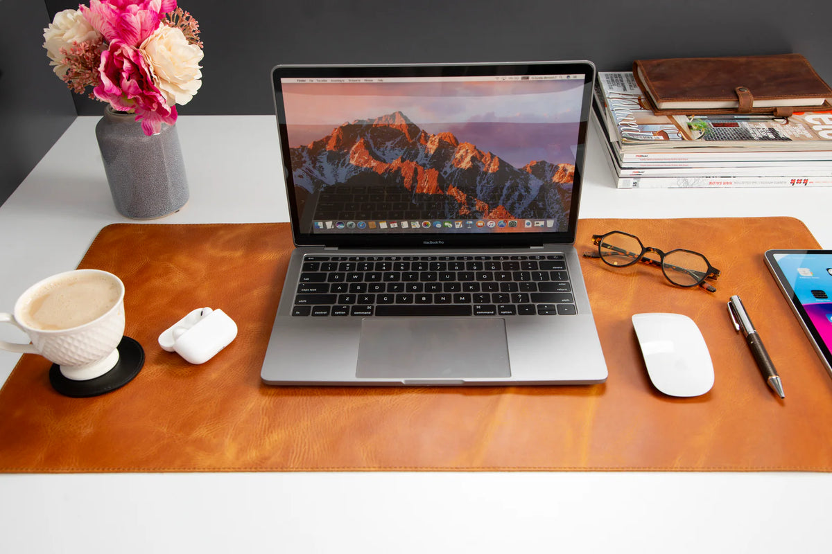 Brown full grain leather desk mat