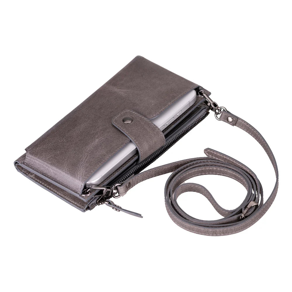 Light gray Lozano leather crossbody wallet with adjustable shoulder strap