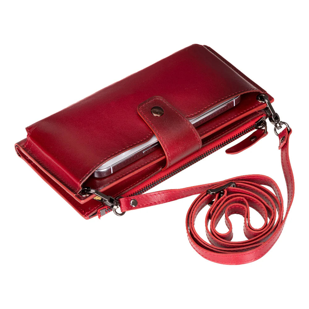 Red Lozano leather crossbody wallet with adjustable shoulder strap