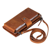 Sandy brown Lozano leather crossbody wallet with adjustable shoulder strap