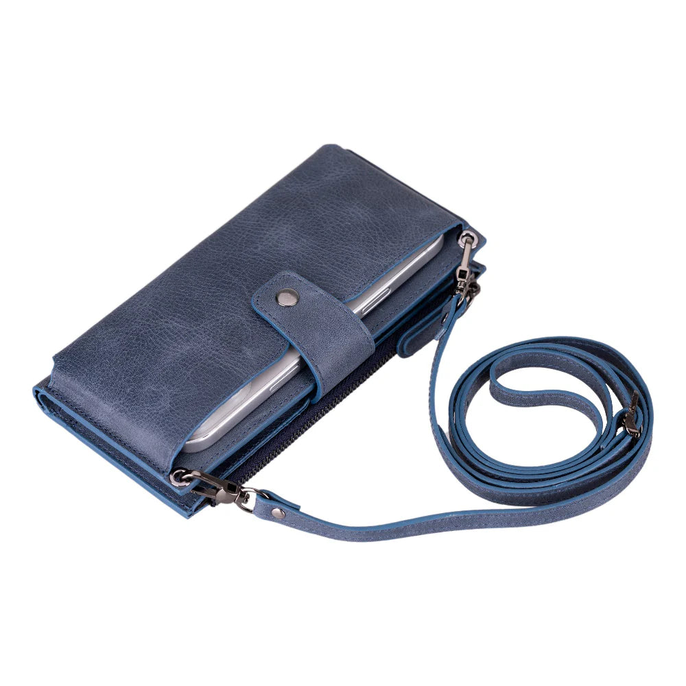 Twilight blue Lozano leather crossbody wallet with adjustable shoulder strap