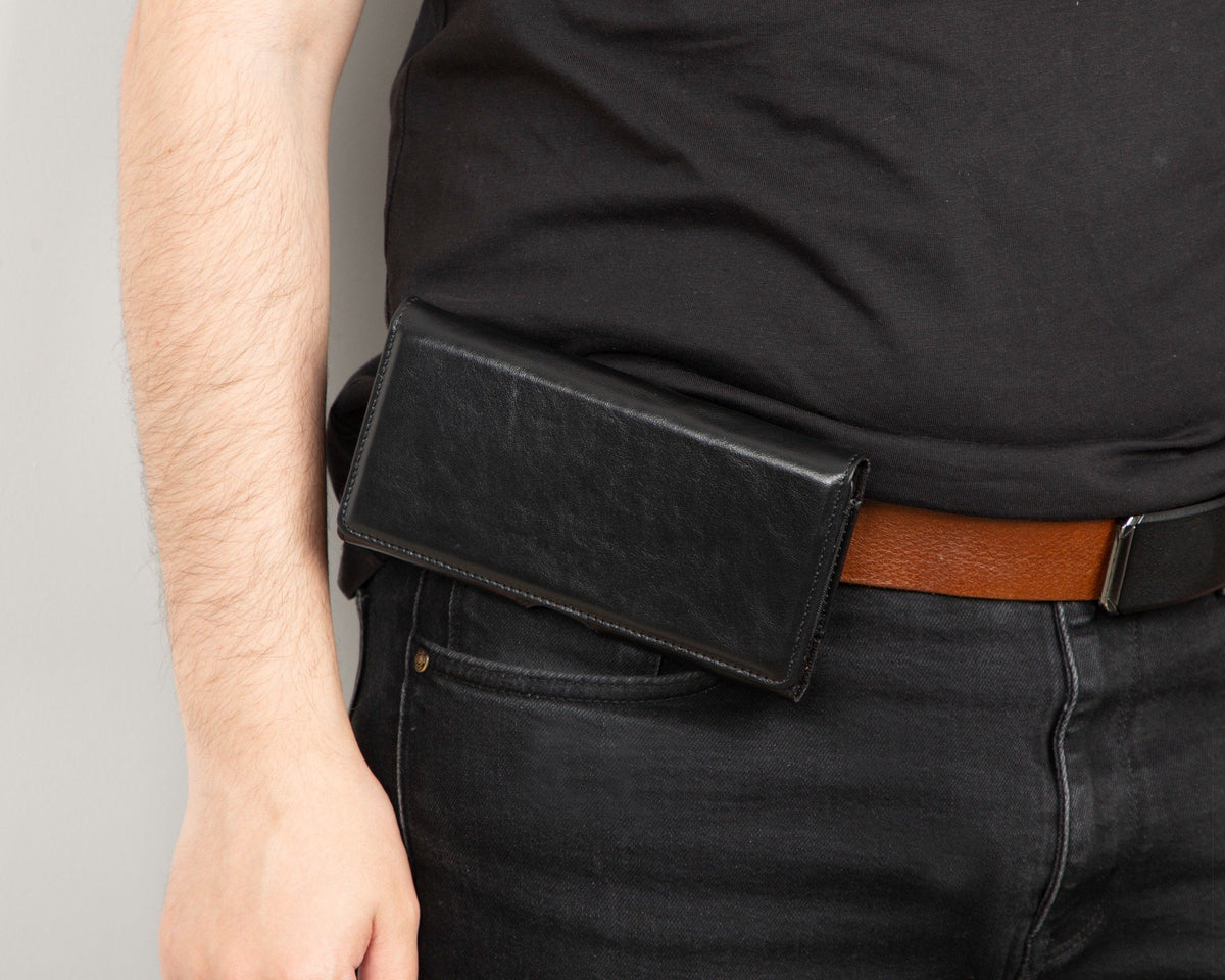 Black leather phone holster with magnetic belt clip