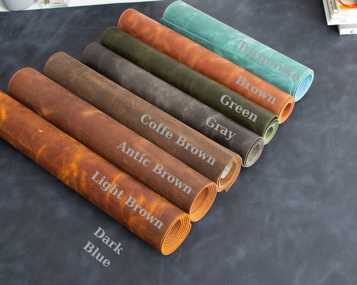 Full-grain leather color comparison including Antic Brown and Turquoise
