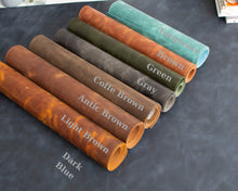 Full-grain leather color comparison including Antic Brown and Turquoise