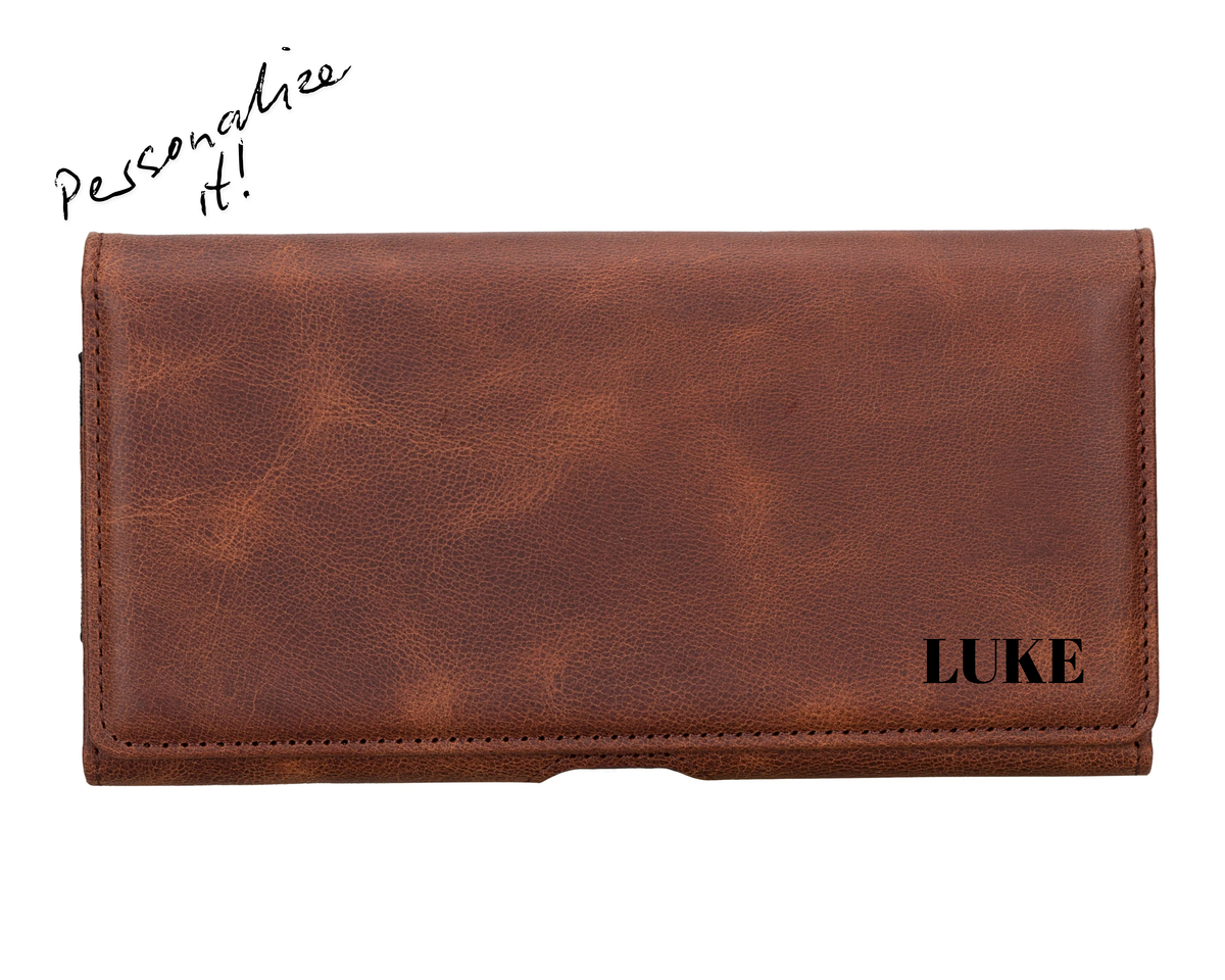 Dark Brown leather engraved phone holster with magnetic belt clip