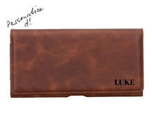 Dark Brown leather engraved phone holster with magnetic belt clip