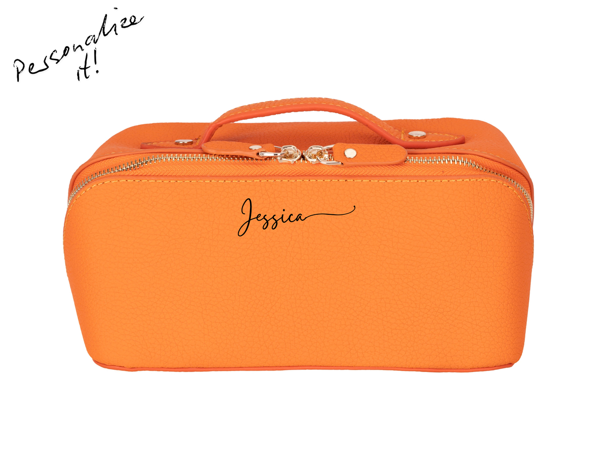 Orange leather makeup bag with script engraving example