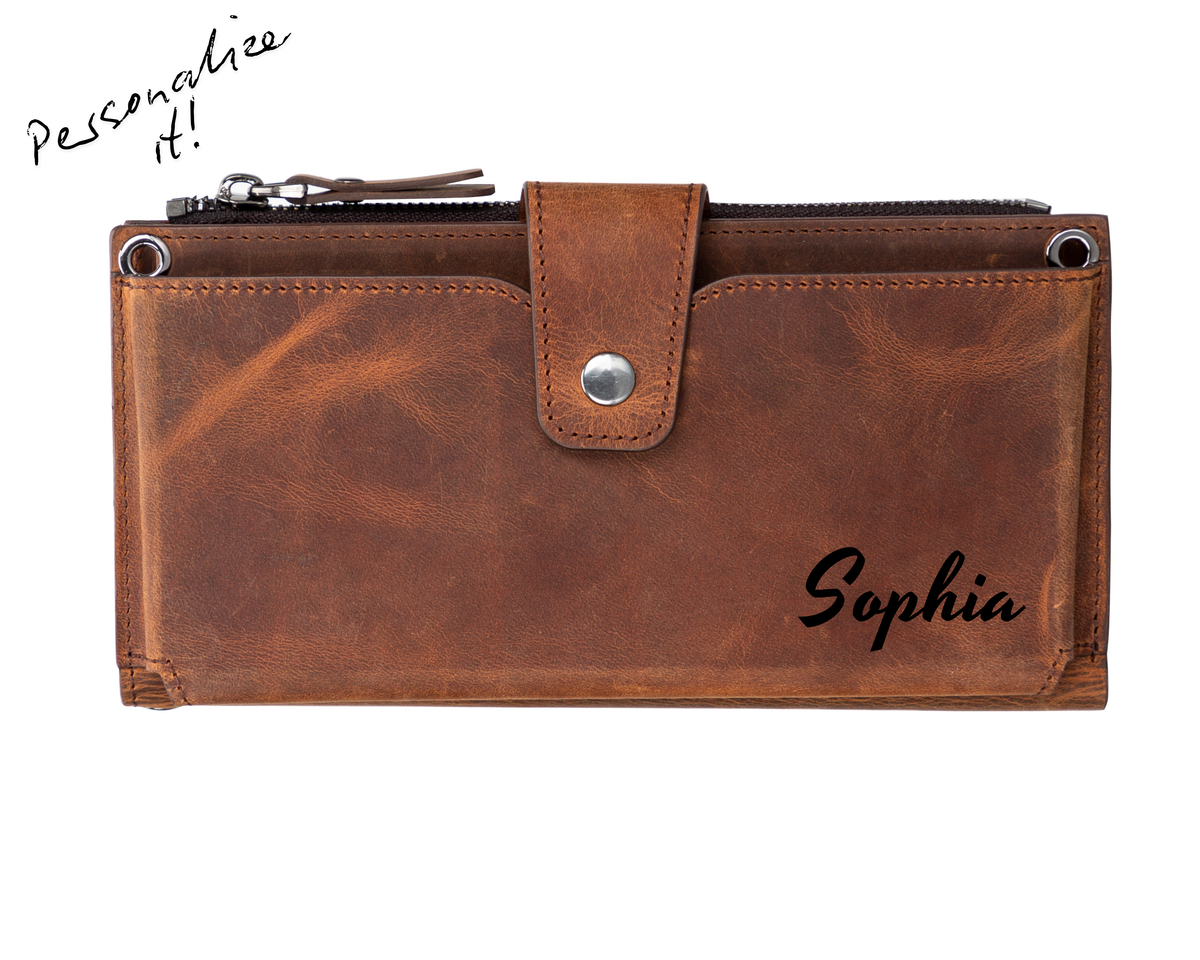 Brown Lozano leather wallet personalized with the name Sophia