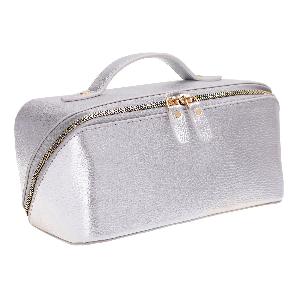 Titanium full grain leather makeup bag in three-quarter view