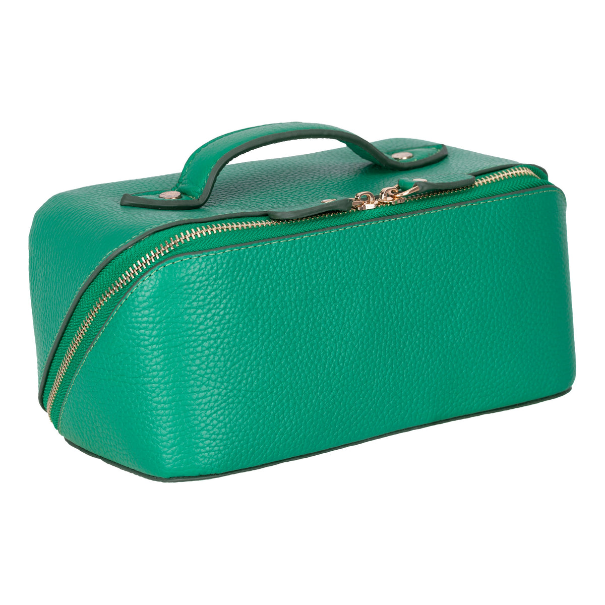 Mint full grain leather makeup bag in three-quarter view