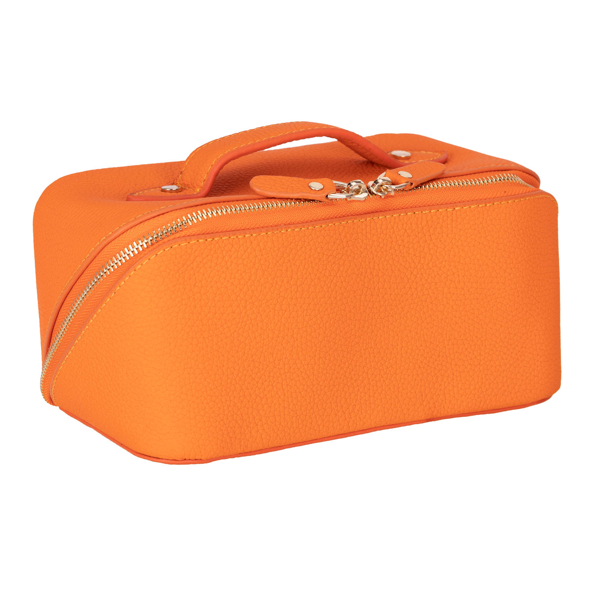 Melon full grain leather makeup bag in three-quarter view