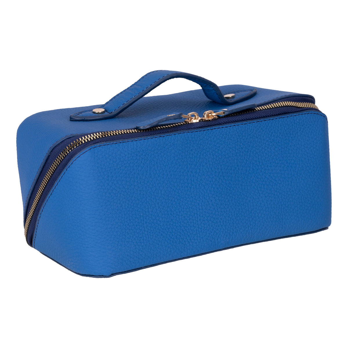 Sandy Navy full grain leather makeup bag in three-quarter view