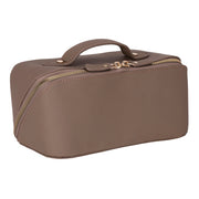 Khaki full grain leather makeup bag in three-quarter view