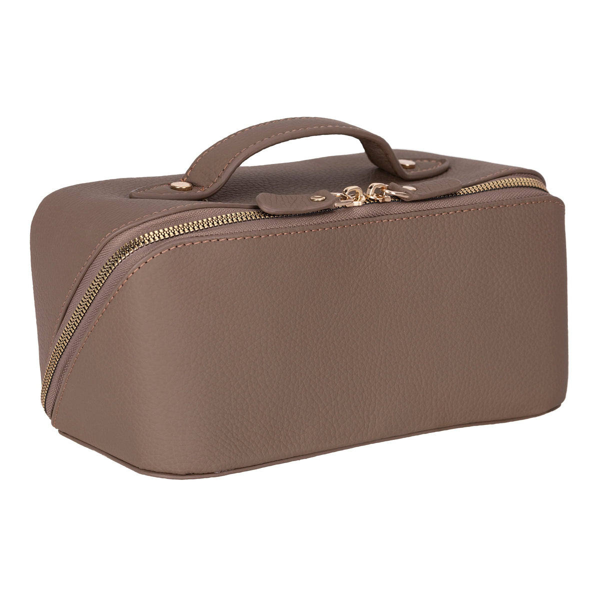 Khaki full grain leather makeup bag in three-quarter view