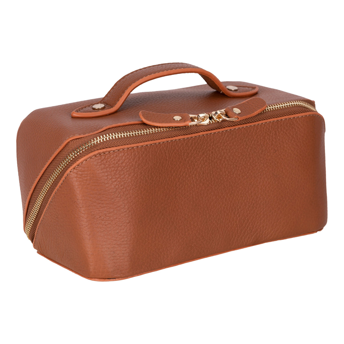 Caramel full grain leather makeup bag in three-quarter view