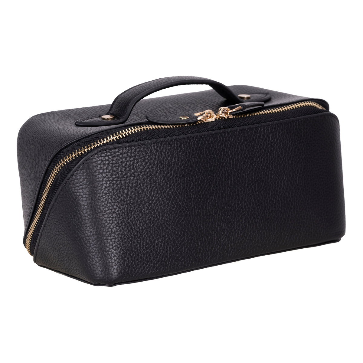 Black full grain leather makeup bag in three-quarter view