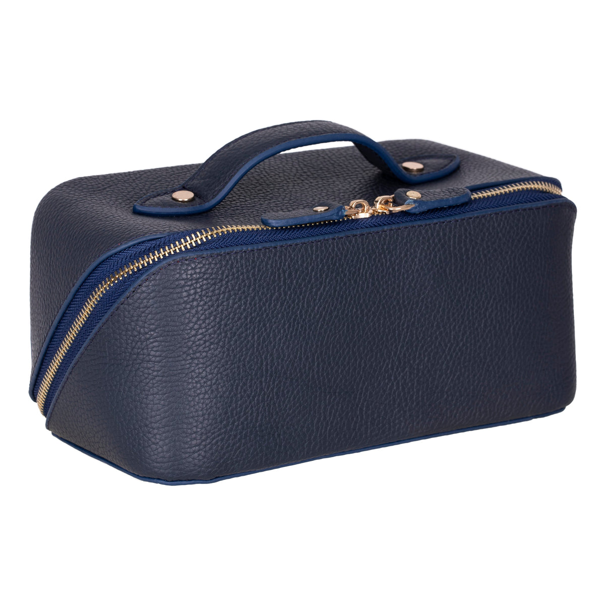 Regal full grain leather makeup bag in three-quarter view