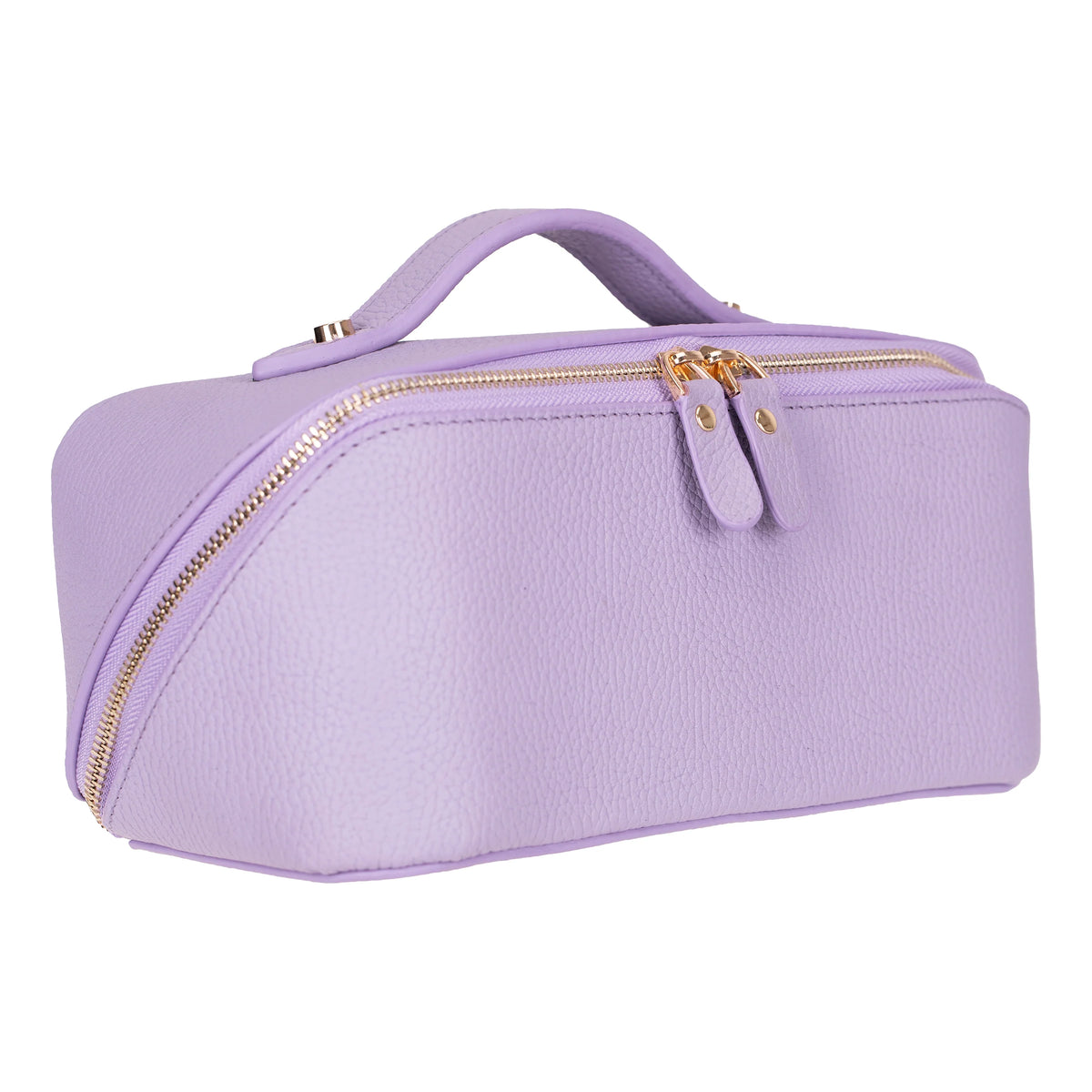 Magenta full grain leather makeup bag in three-quarter view