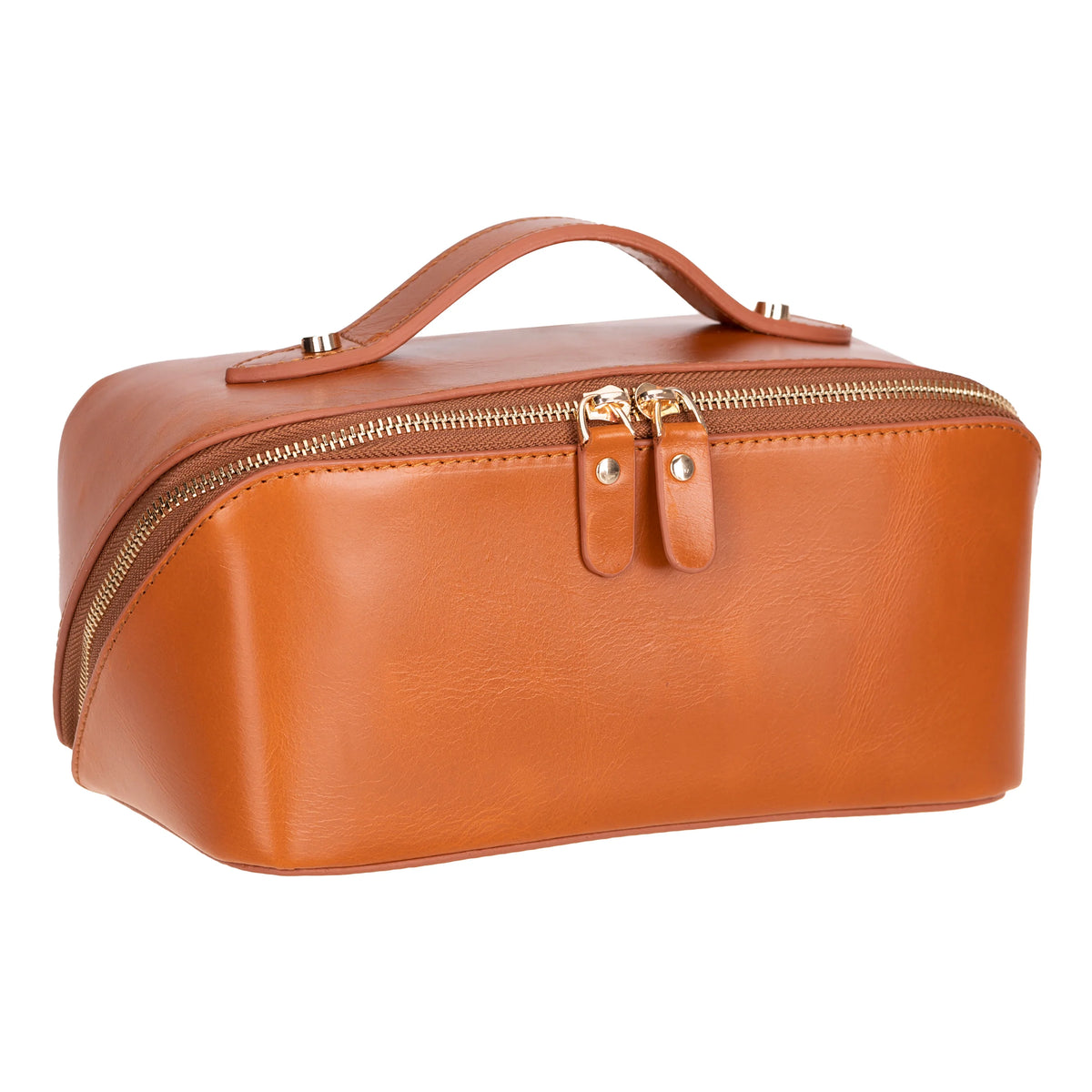 Tan full grain leather makeup bag in three-quarter view