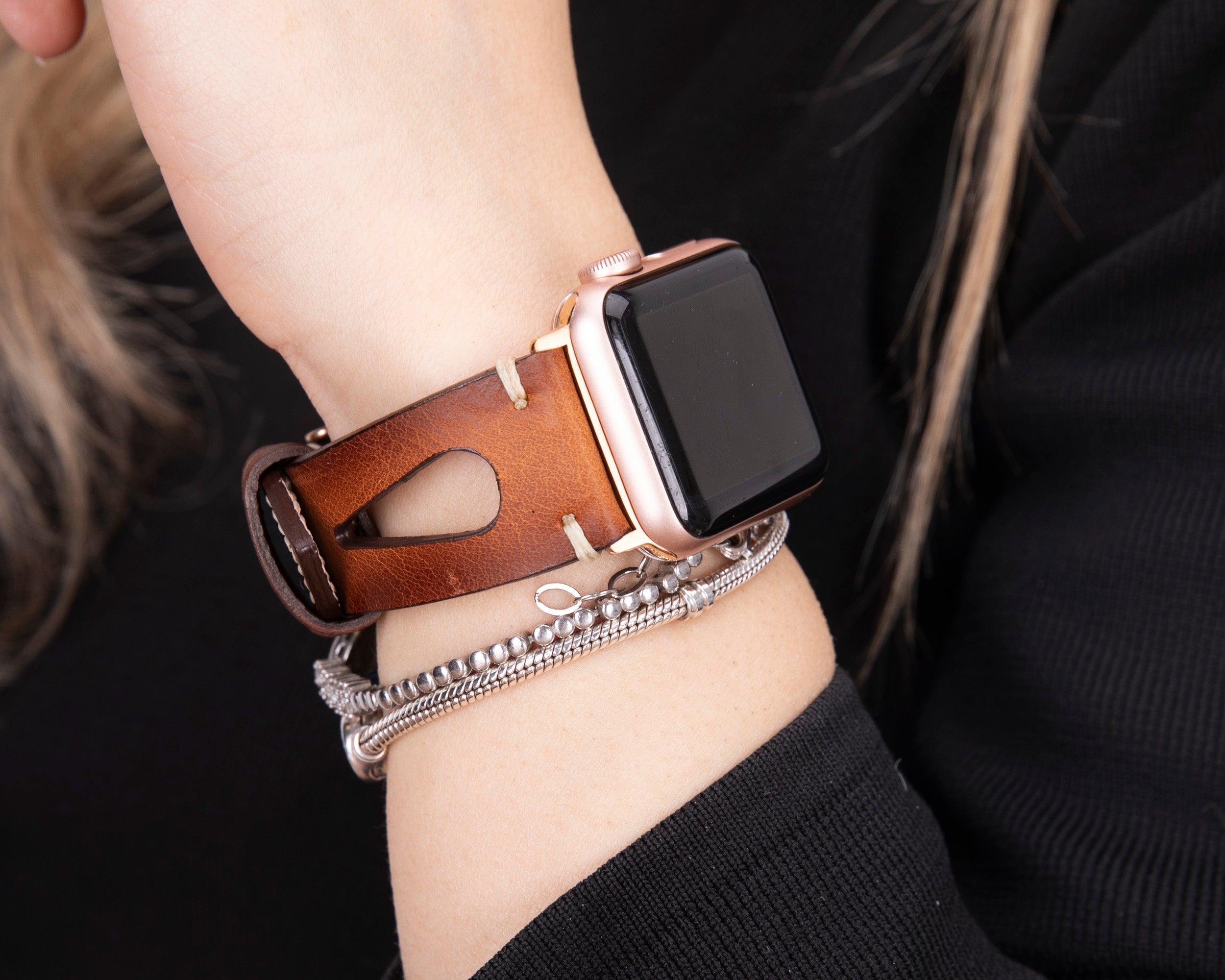 Genuine Leather Burnished Tan Apple Watch Band