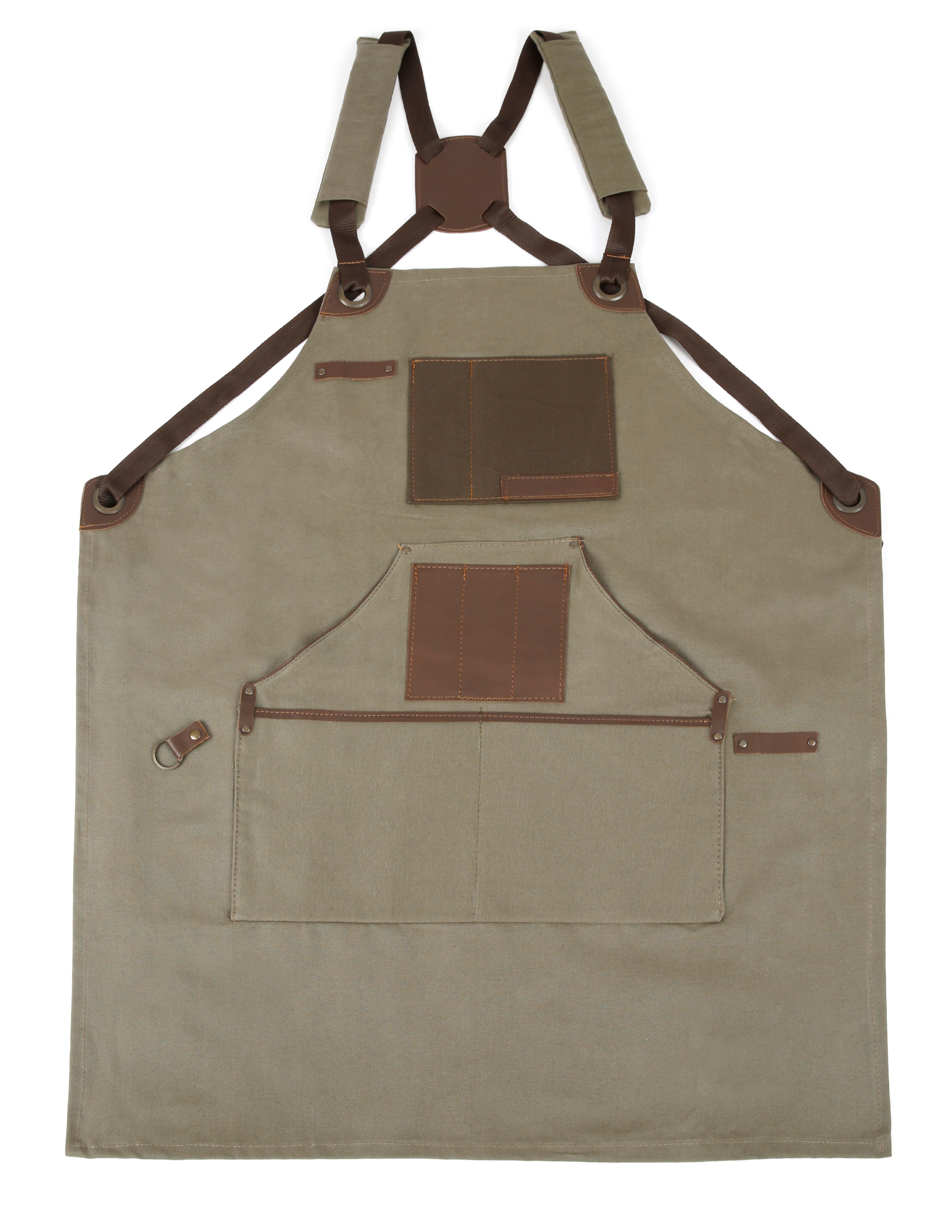 Handmade Canvas Apron with Adjustable Cross-Back Leather Strap (Khaki & Navy Blue)