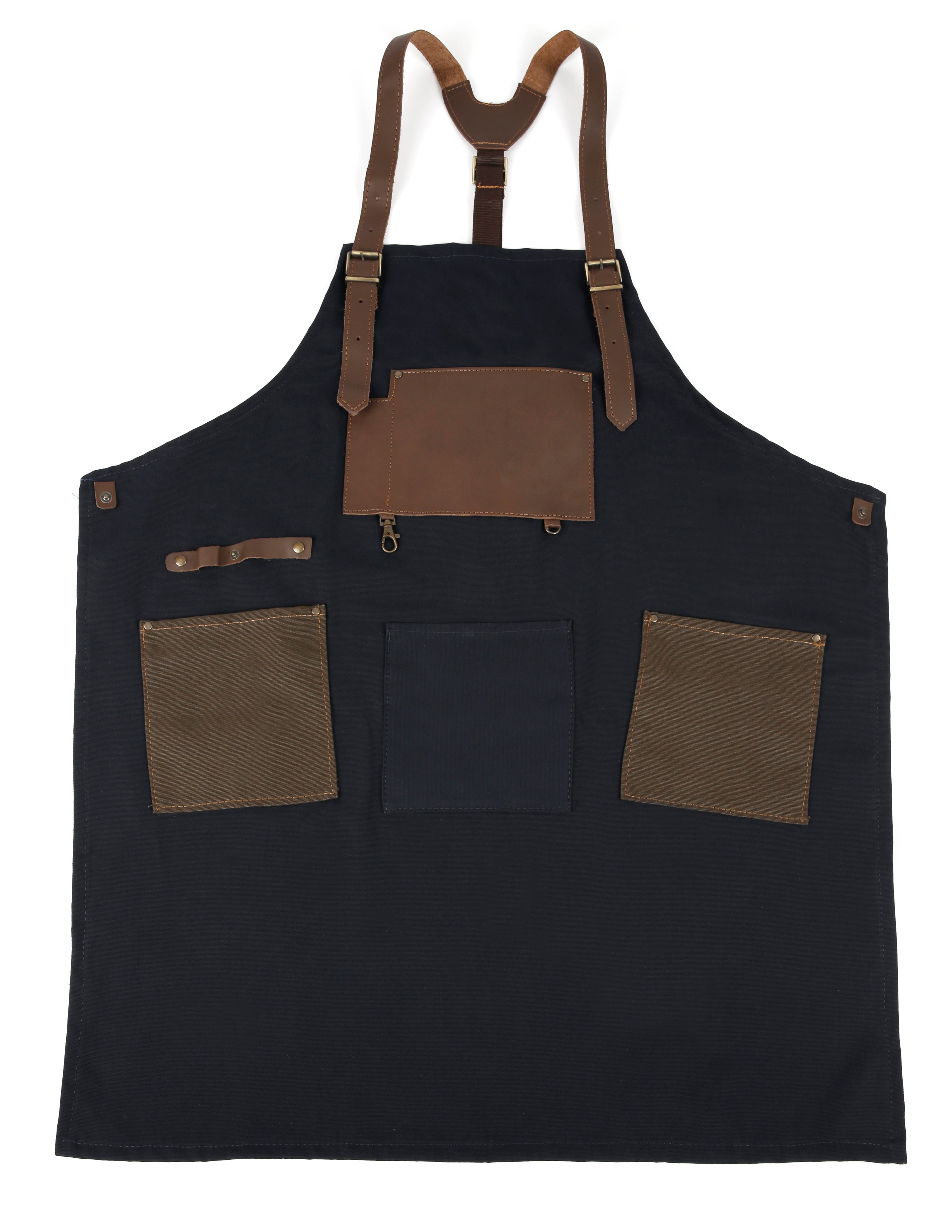 Handmade Canvas Apron with Adjustable Leather Strap (Navy Blue & Khaki)