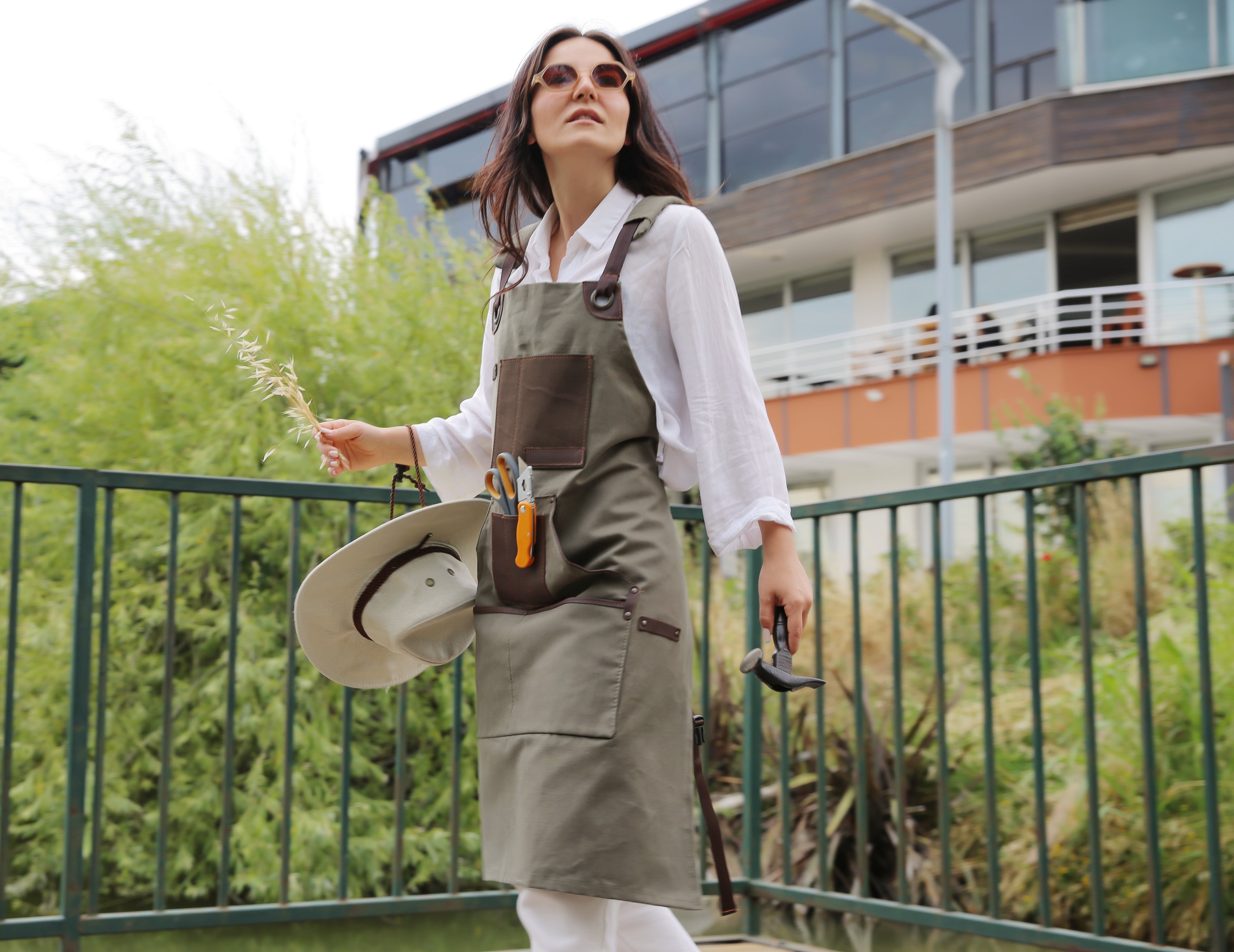 Handmade Canvas Apron with Adjustable Cross-Back Leather Strap (Khaki & Navy Blue)