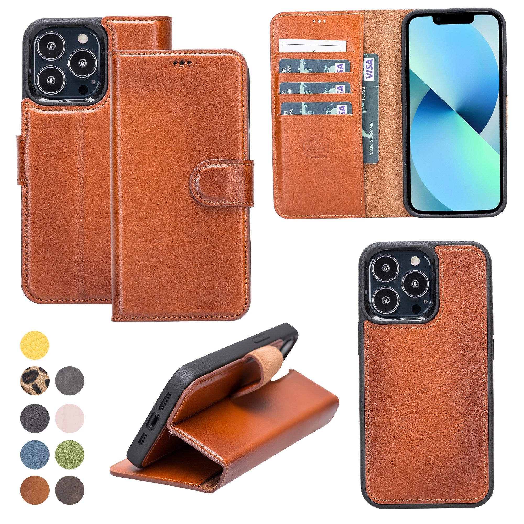 LupinnyLeather Brown Leather Magnetic Detachable Wallet Case for iPhone 13 Pro (6.1") 24
