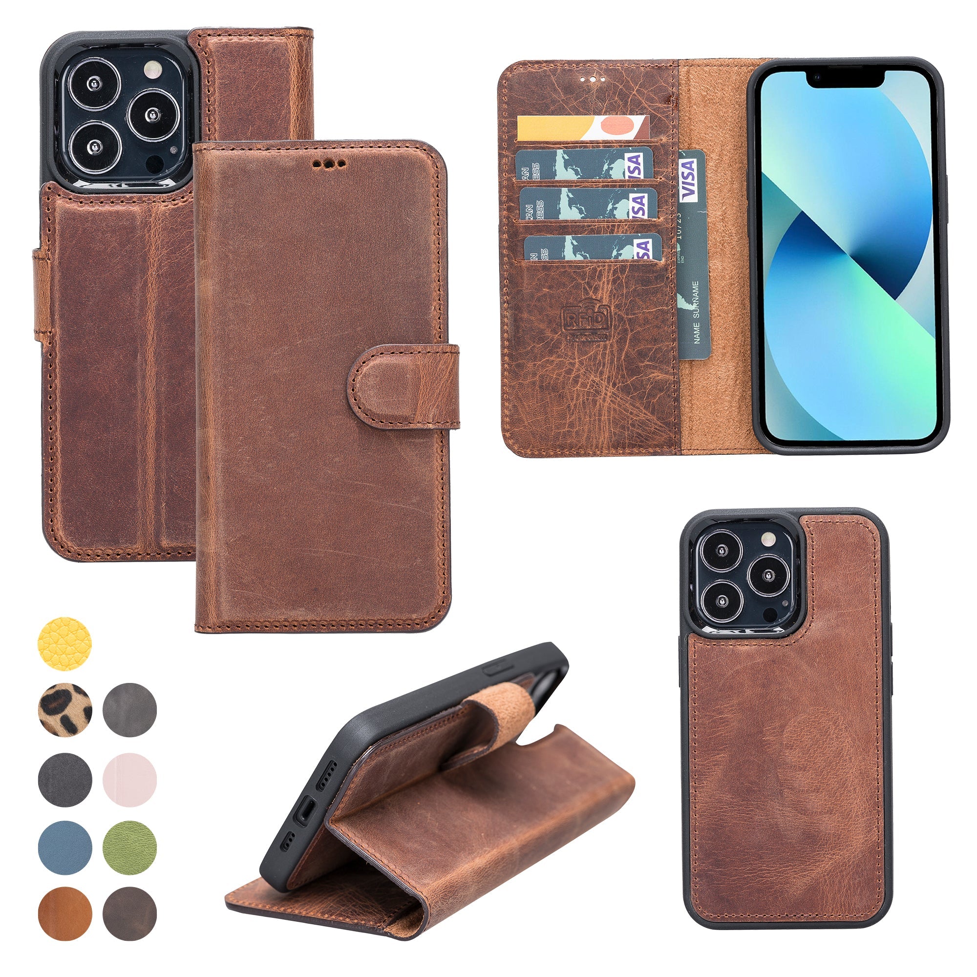 LupinnyLeather Brown Leather Magnetic Detachable Wallet Case for iPhone 13 Pro (6.1") 9