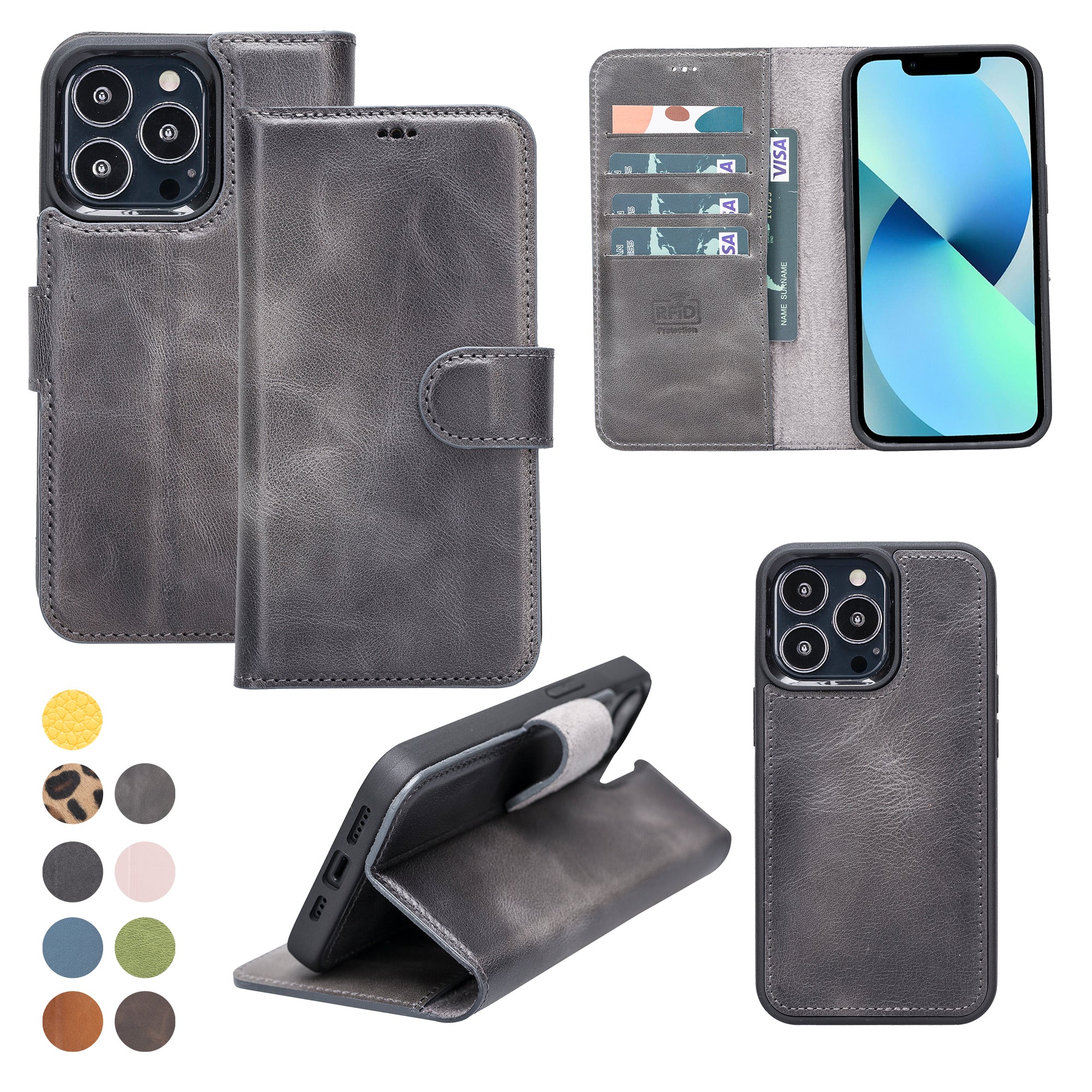 LupinnyLeather Rustic Brown Leather Magnetic Detachable Wallet Case for iPhone 13 Pro Max (6.7") 39