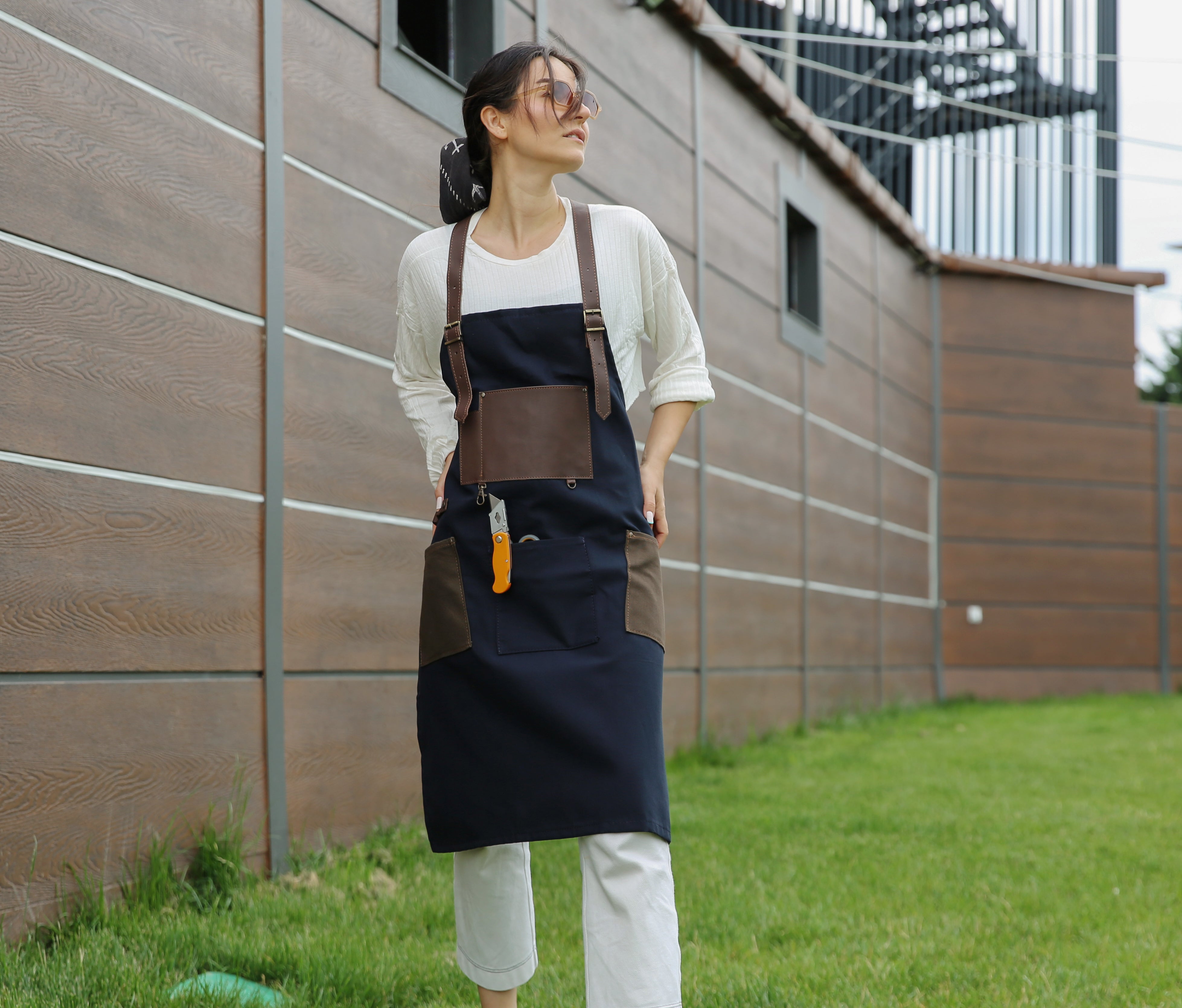 Handmade Canvas Apron with Adjustable Leather Strap (Navy Blue & Khaki)