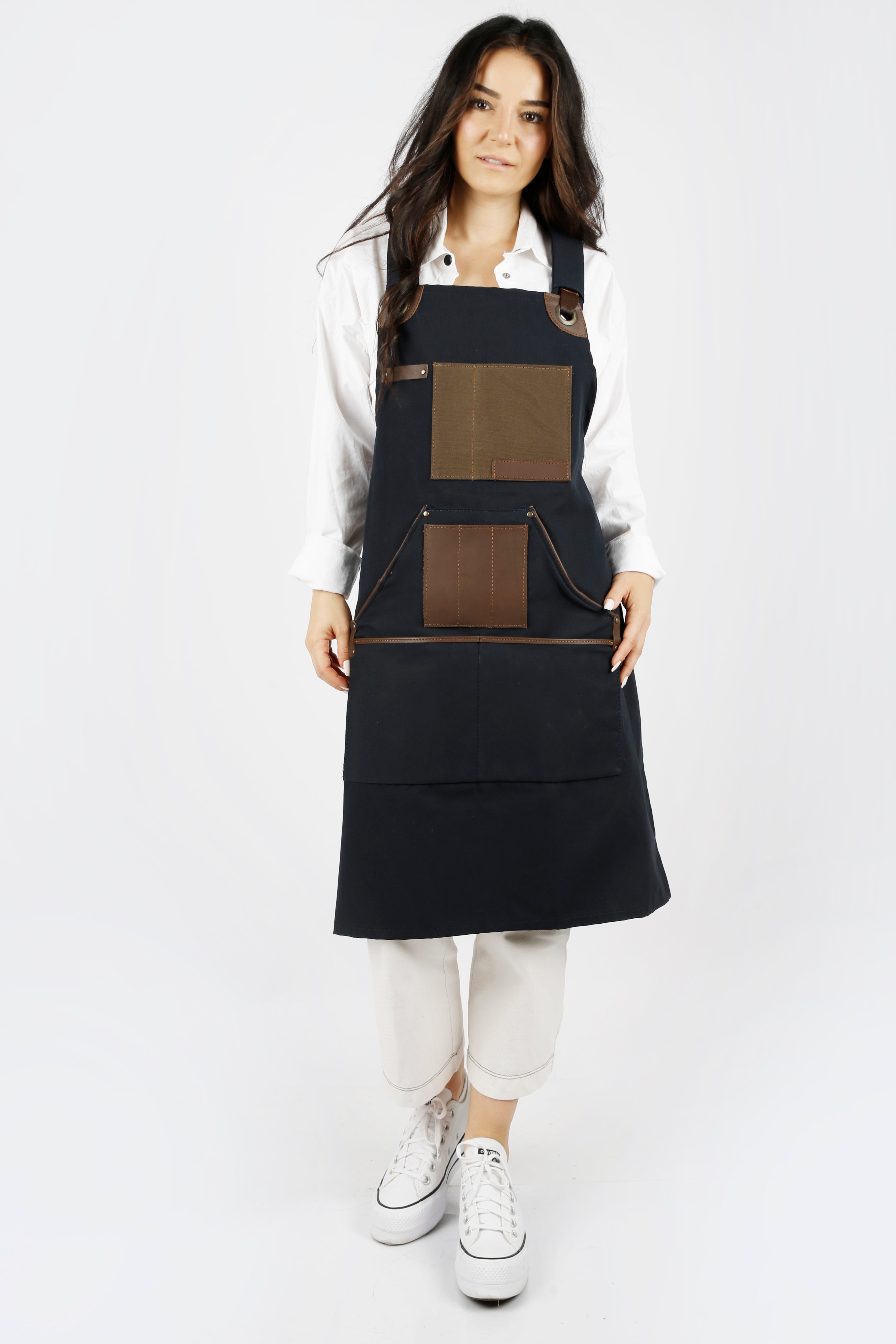 Handmade Canvas Apron with Adjustable Cross-Back Leather Strap (Khaki & Navy Blue)