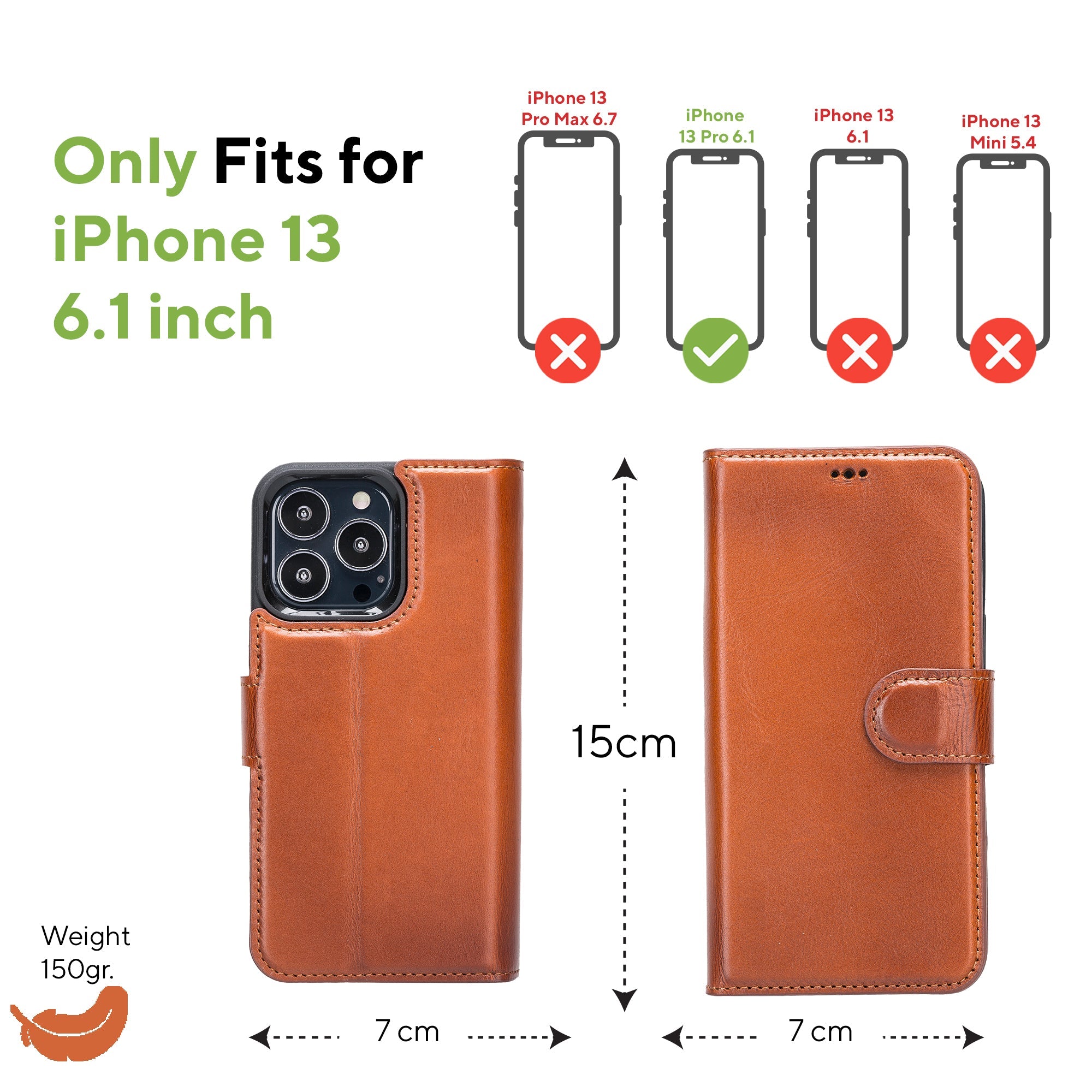 LupinnyLeather Brown Leather Magnetic Detachable Wallet Case for iPhone 13 Pro (6.1") 25