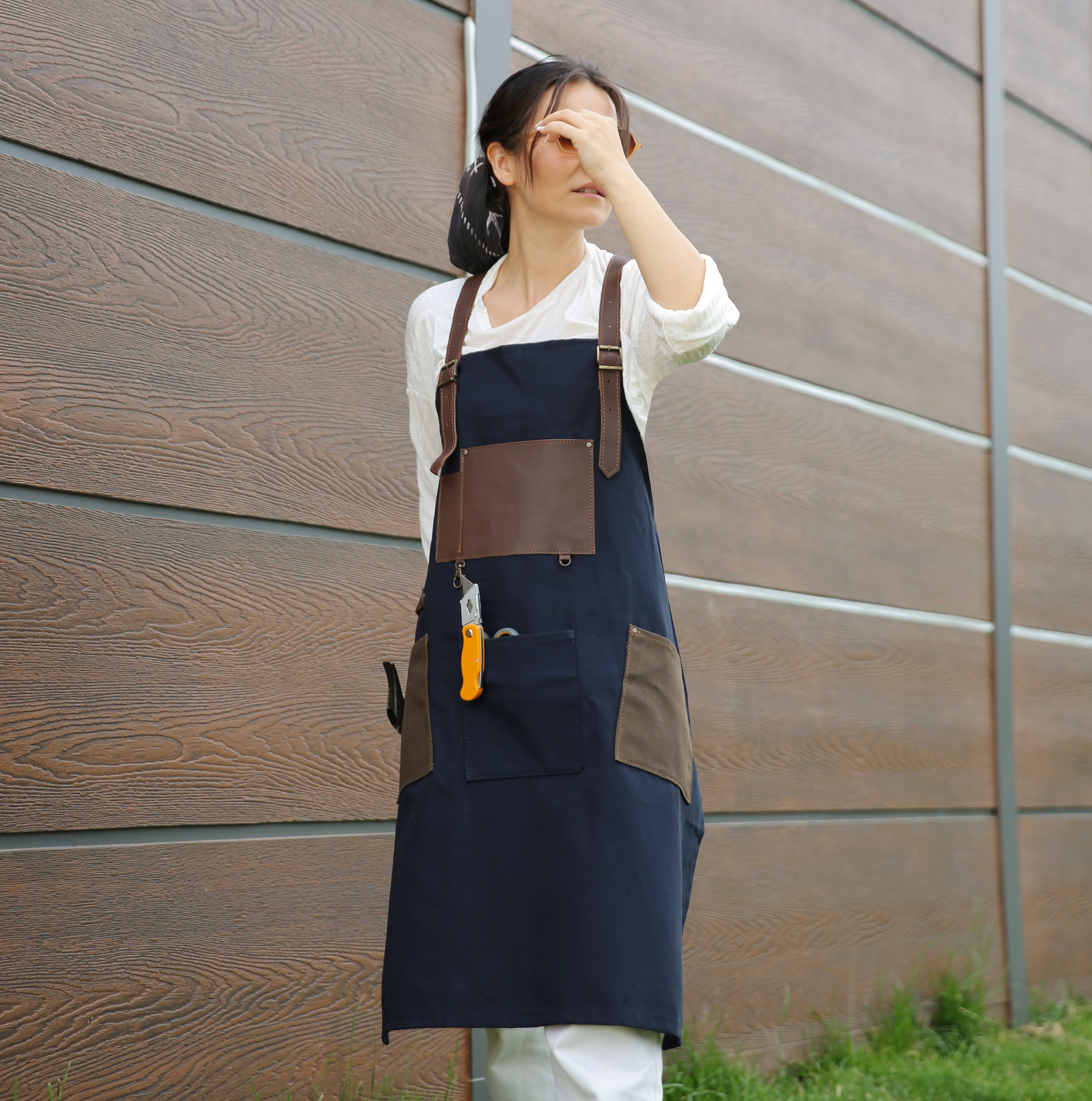 Handmade Canvas Apron with Adjustable Leather Strap (Navy Blue & Khaki)