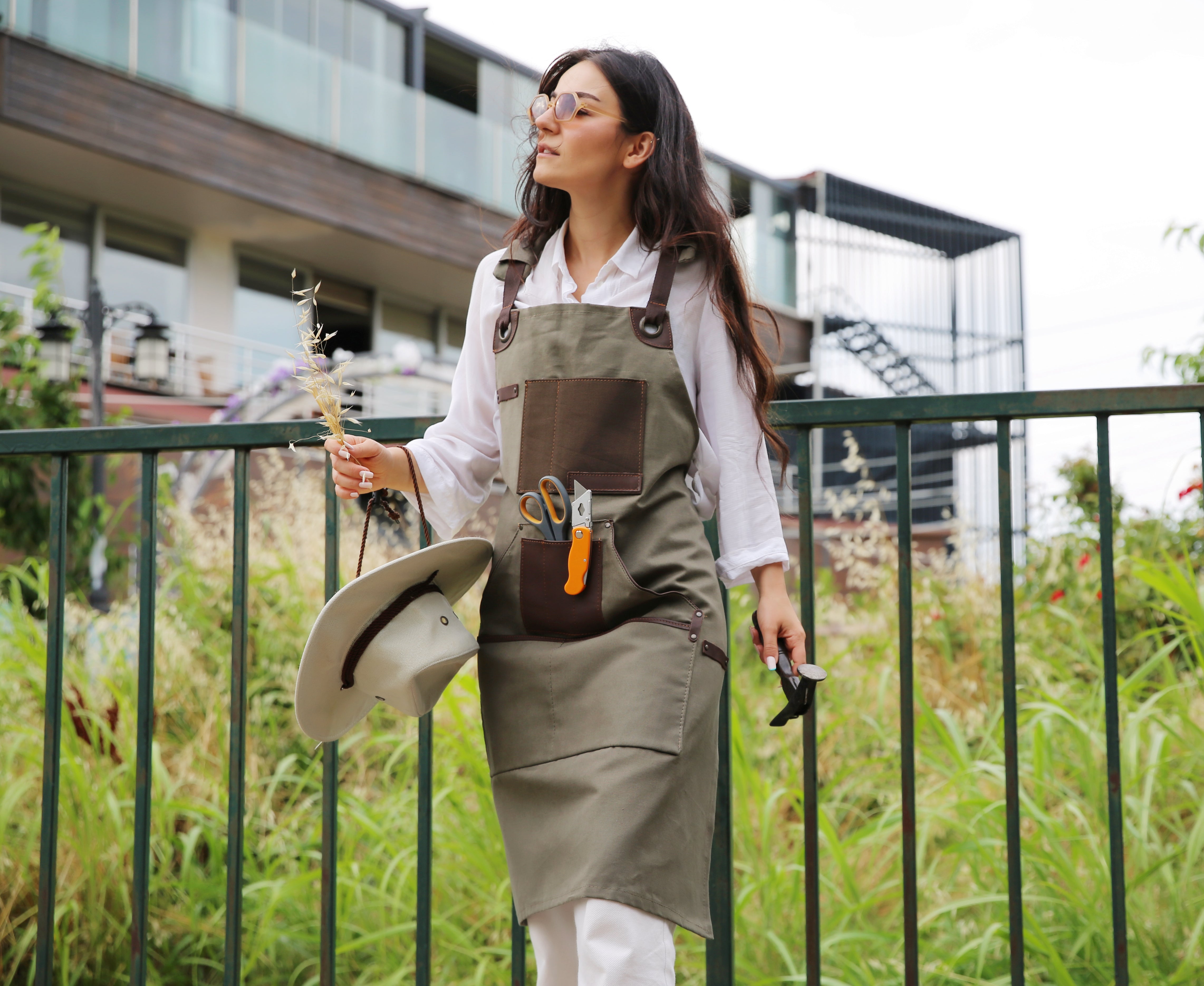 Handmade Canvas Apron with Adjustable Cross-Back Leather Strap (Khaki & Navy Blue)