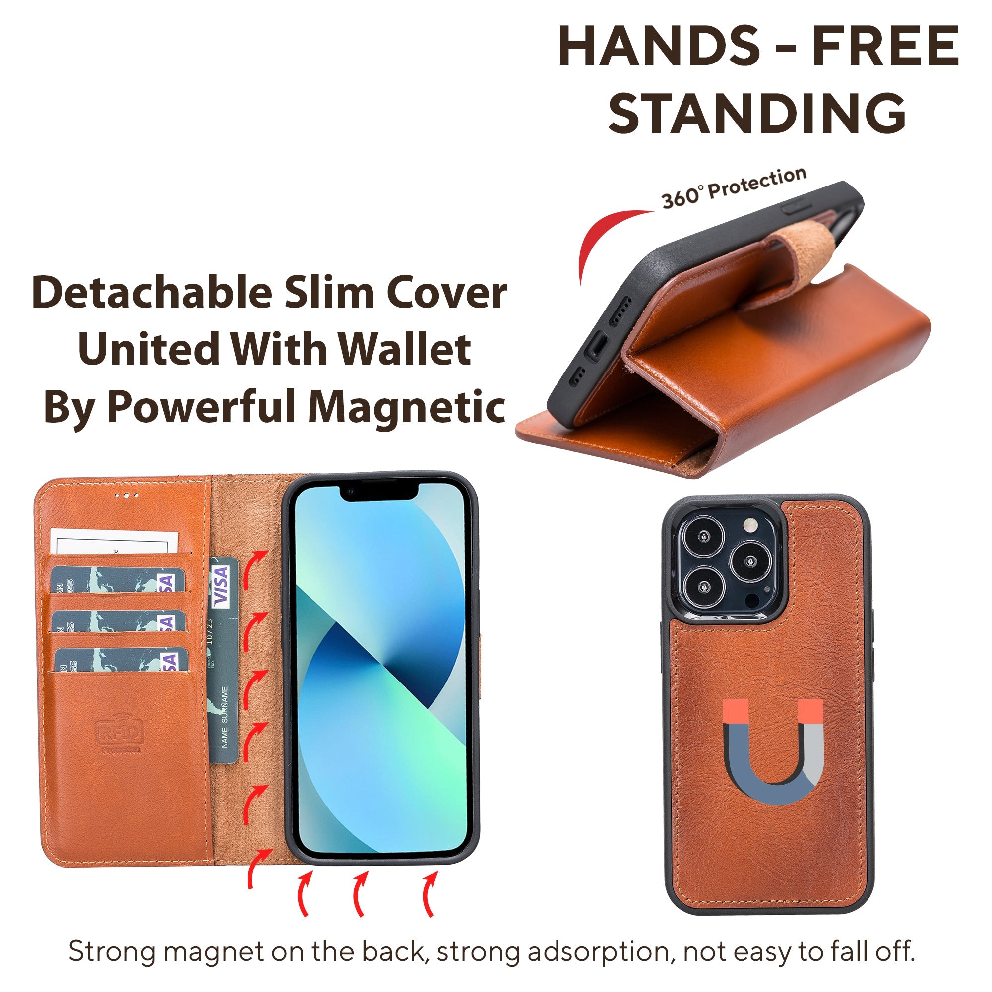 LupinnyLeather Brown Leather Magnetic Detachable Wallet Case for iPhone 13 Pro (6.1") 27