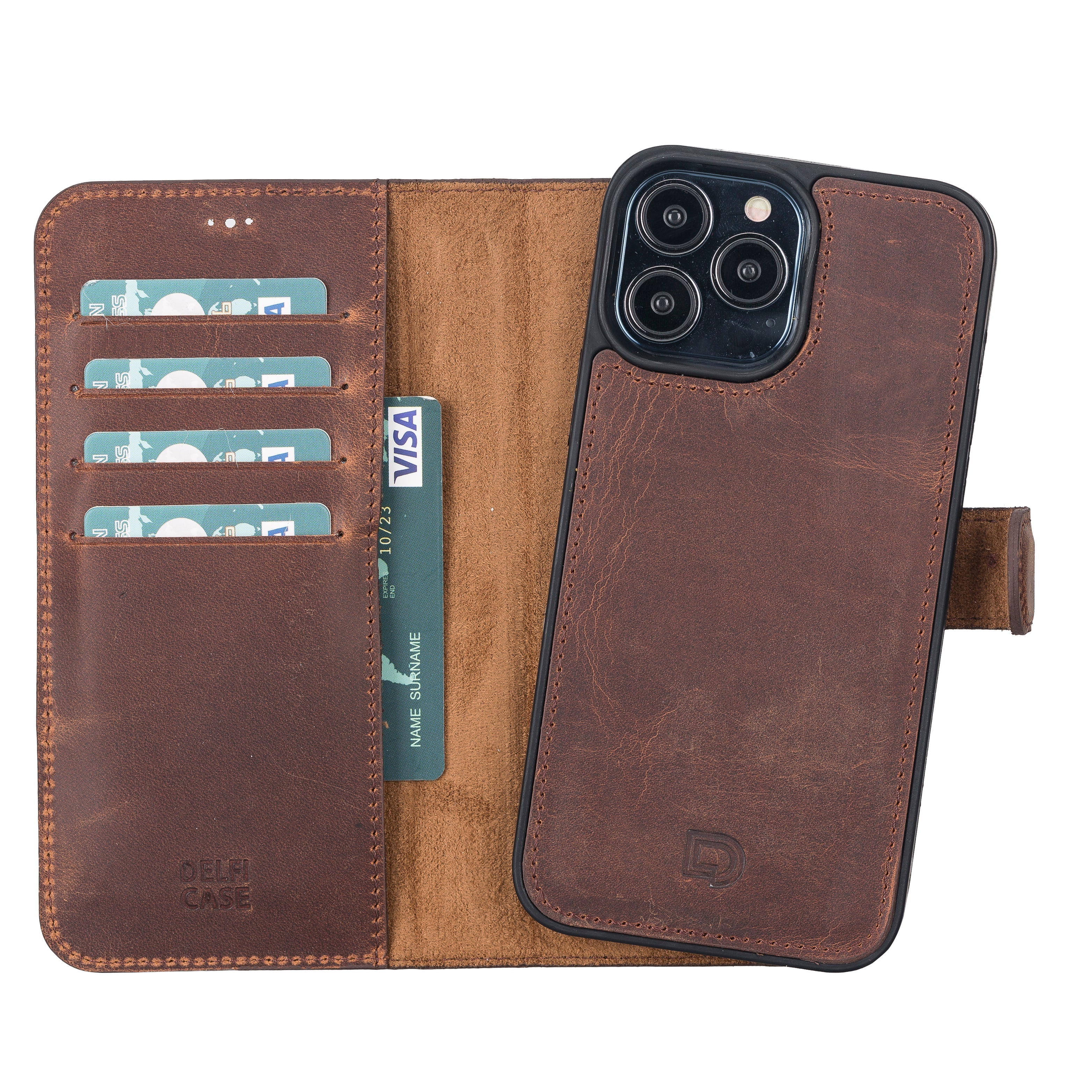 LupinnyLeather Rustic Brown Leather Magnetic Detachable Wallet Case for iPhone 13 Pro Max (6.7") 18