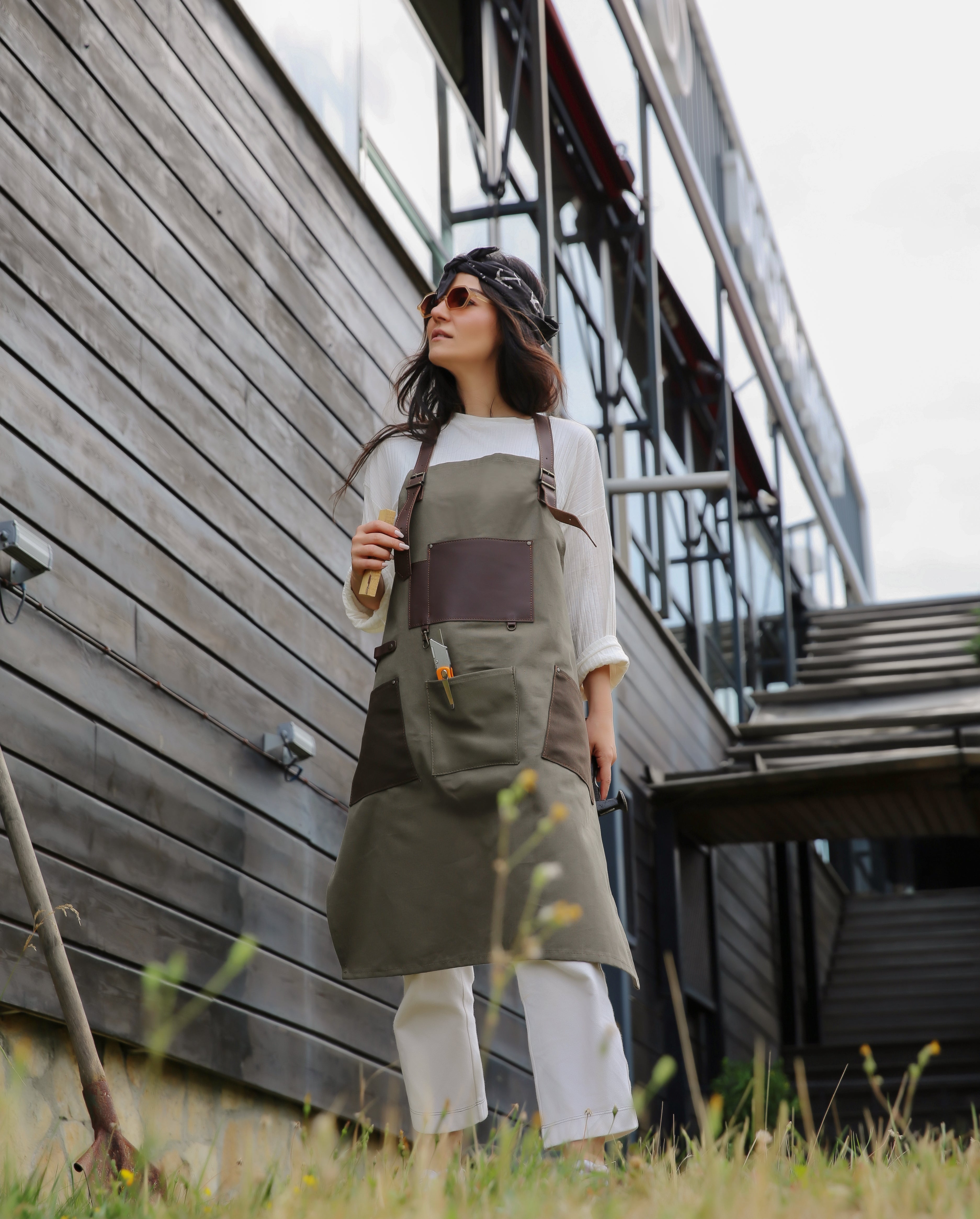 Handmade Canvas Apron with Adjustable Leather Strap (Navy Blue & Khaki)