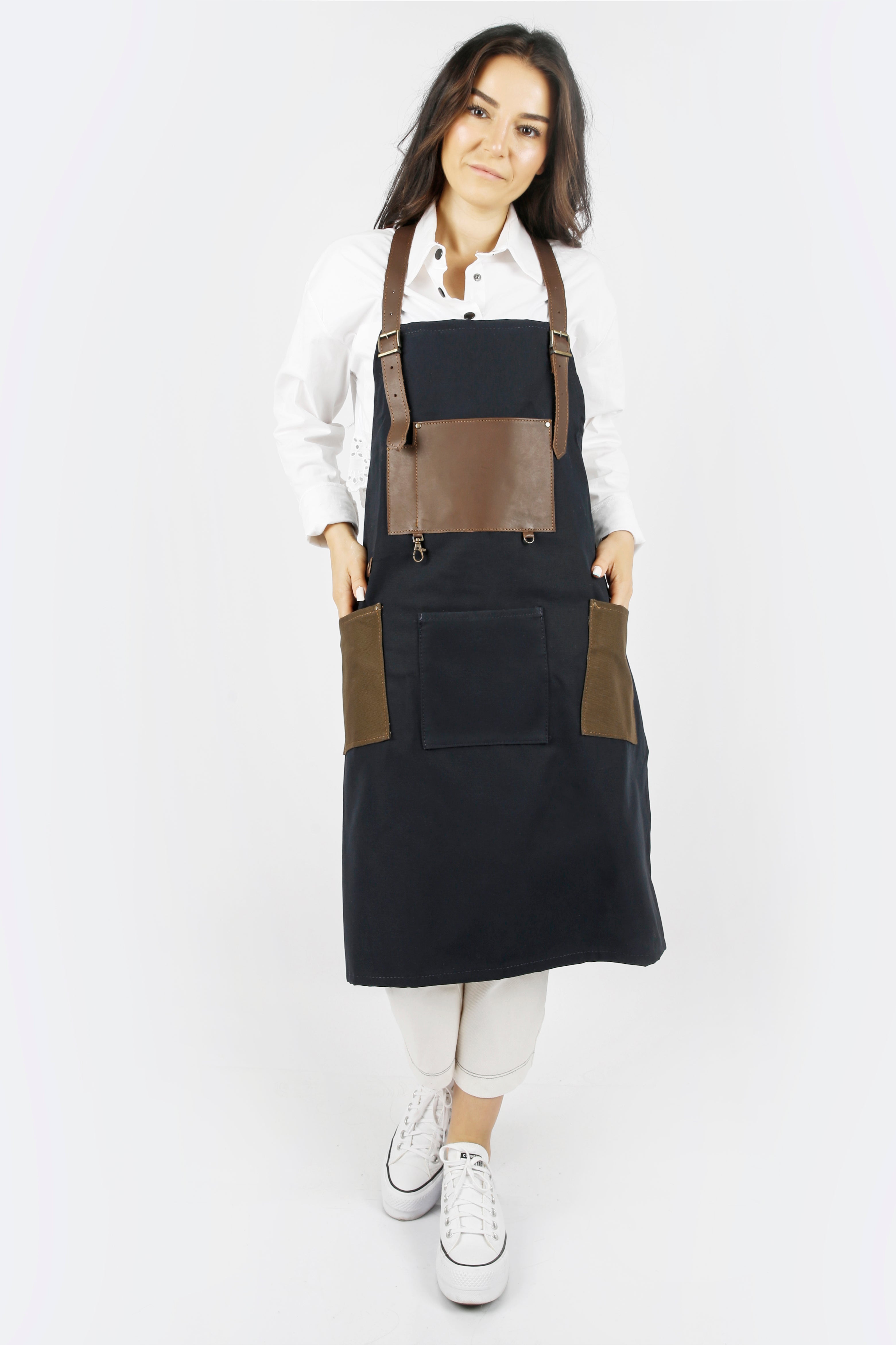 Handmade Canvas Apron with Adjustable Leather Strap (Navy Blue & Khaki)